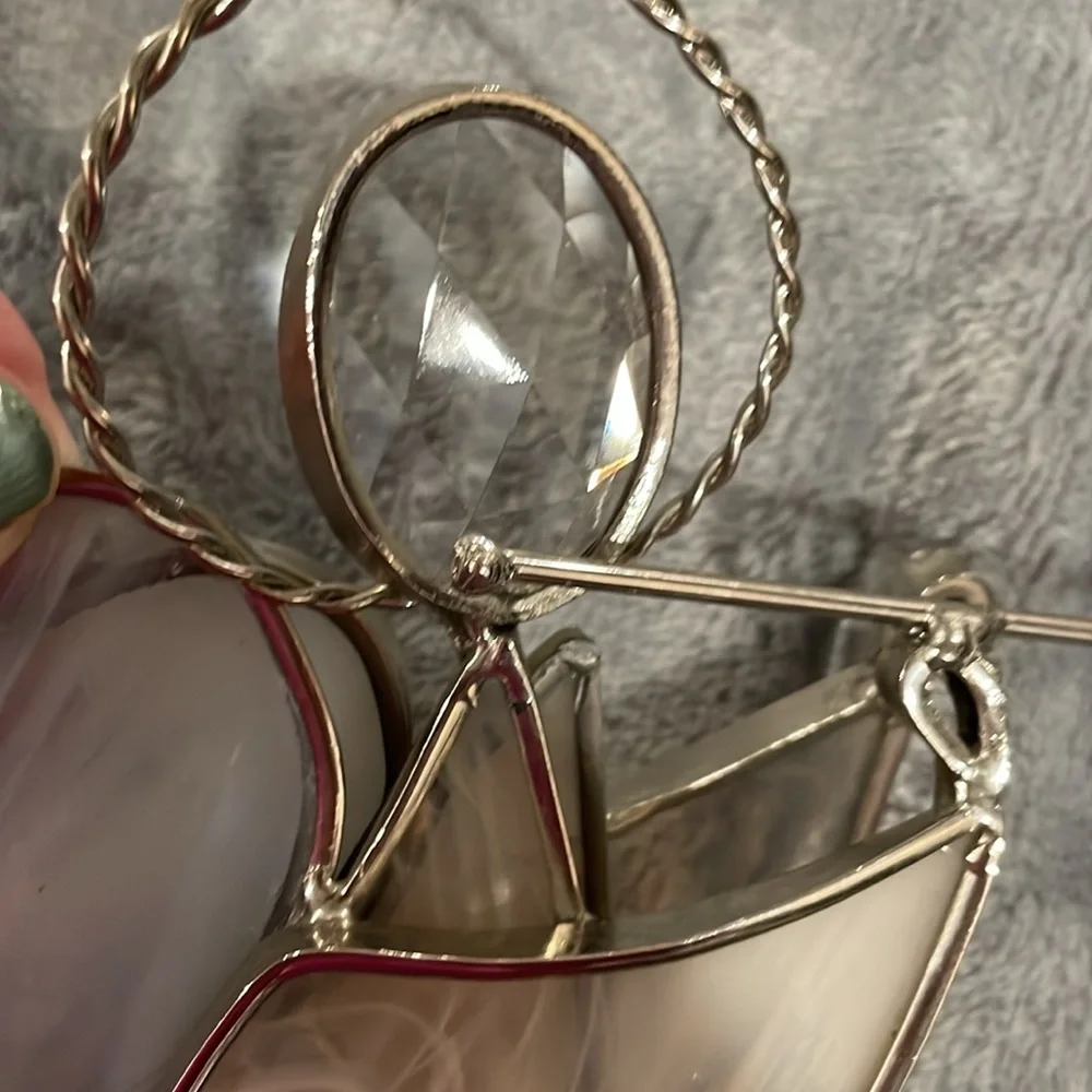 Stained glass angel sounding trumpet glass wings silver trim and halo crystal - Picture 4 of 8